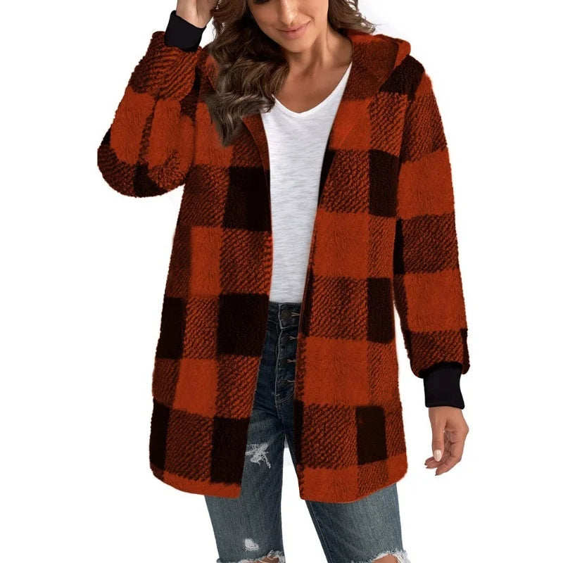 Double Fleece Plaid Cardigan Soft Loose Long Sleeve Plush Warm Hooded Jacket
