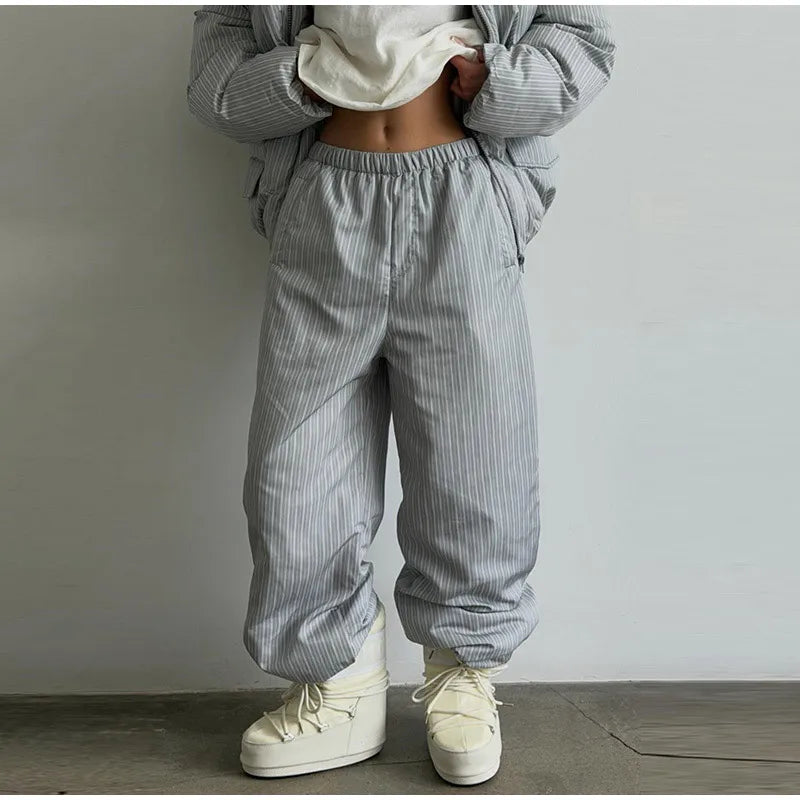 Women's Striped 2-Piece Set – Zip-Up Hooded Puffer Coat & Wide-Leg Jogger Pants | Warm Winter Suit