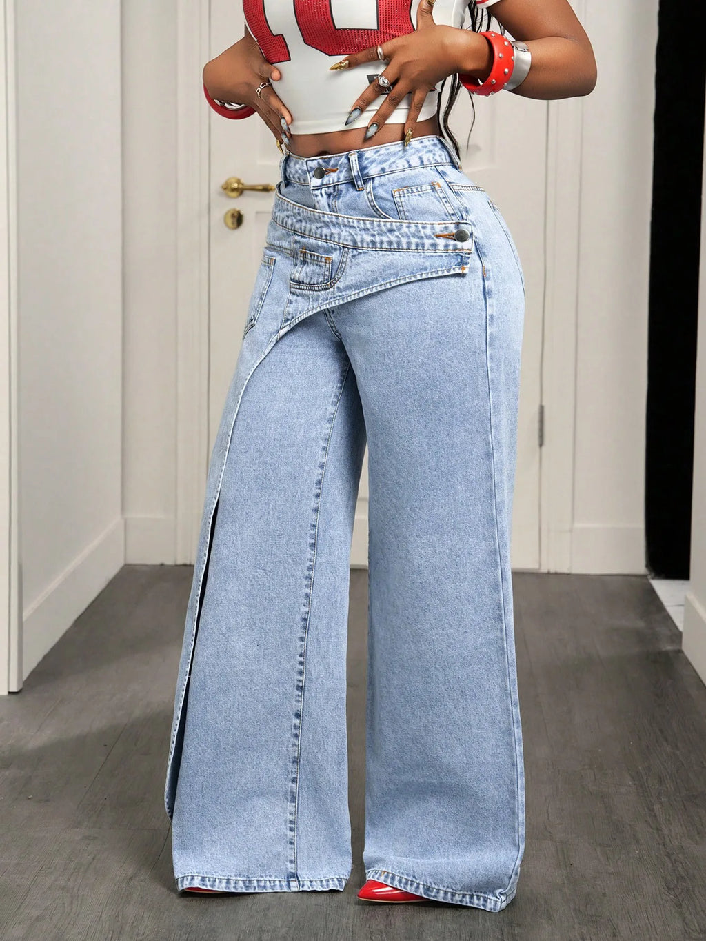 Women's Vintage Straight-Leg Jeans – High Waist, Splice Detail, Y2K Streetwear