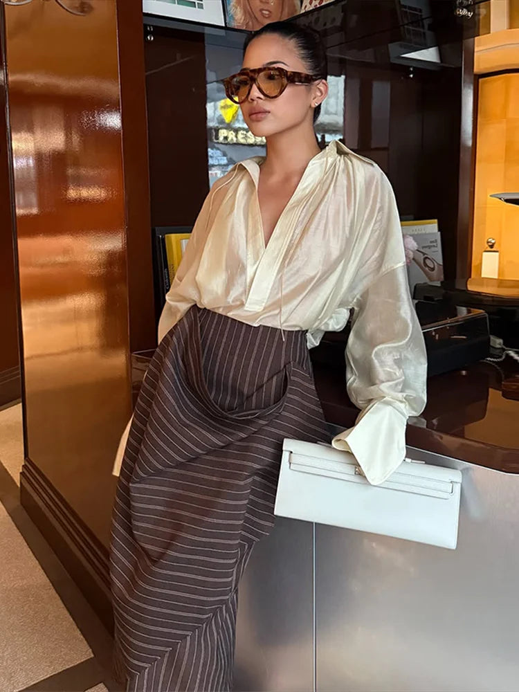 Striped Asymmetric Midi Skirt & Ribbon Tie Blouse Set – Women’s 2-Piece Summer Suit