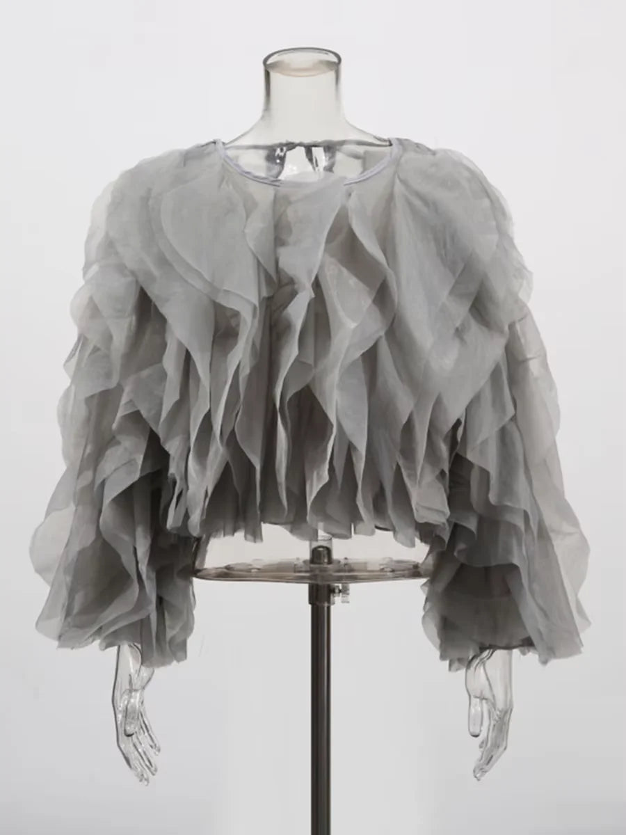 Vintage Patchwork Ruffle Shirt For Women O Neck Lantern Long Sleeve Solid Elegant Blouse