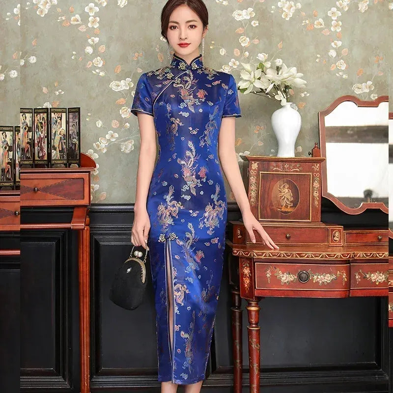 Printed Short-Sleeve Qipao-Inspired Midi Dress