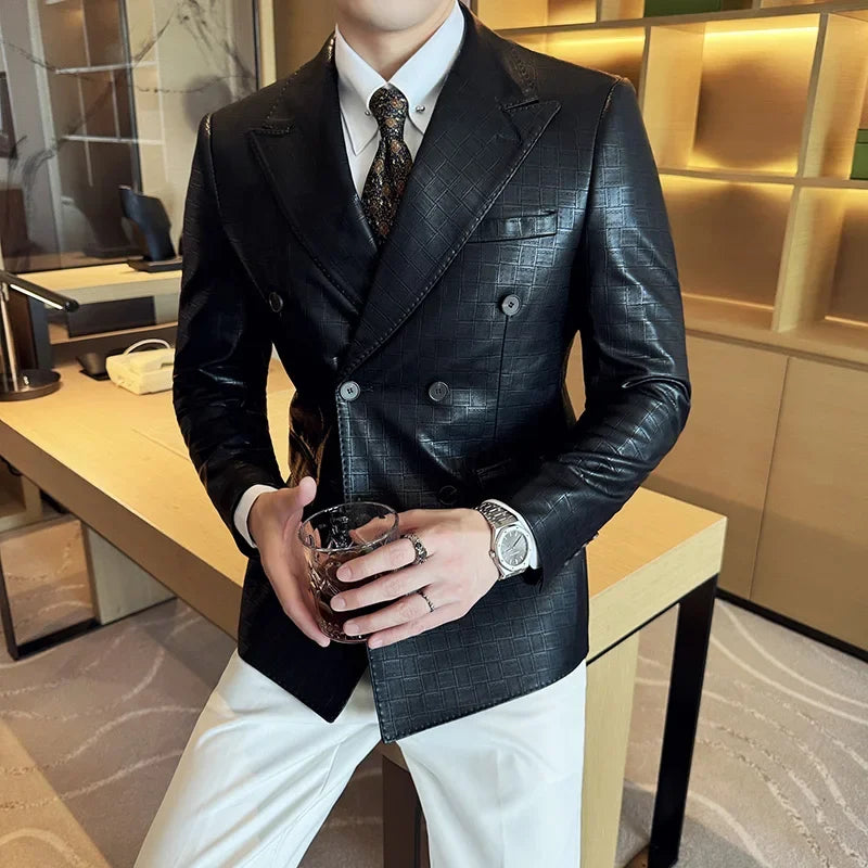 Men's Double-Breasted Check Blazer – Slim Fit, Smart Casual, Business Suit Jacket