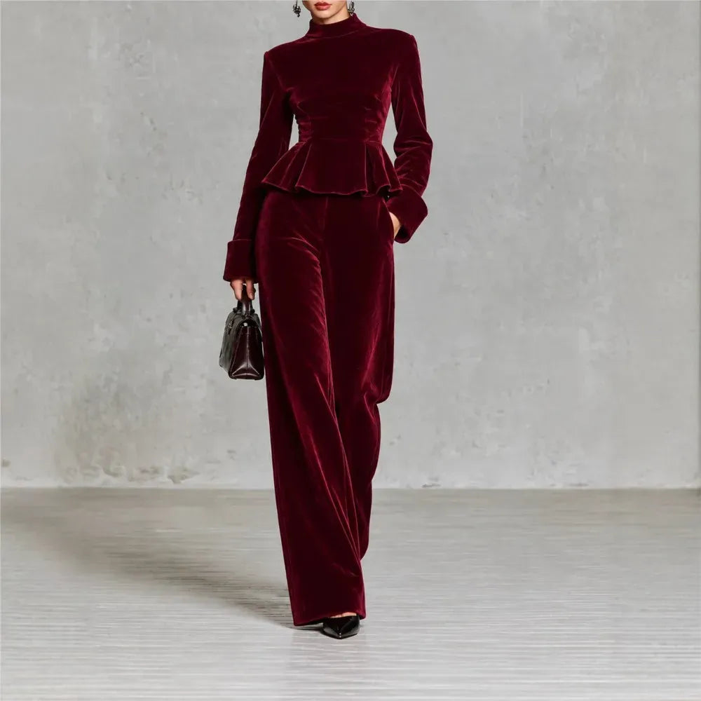 Women's Velvet Two-Piece Set with Wide-Leg Trousers