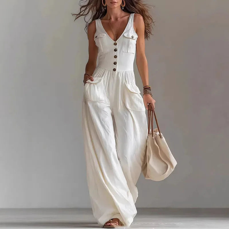 V-Neck Wide Leg Jumpsuit – Elegant Solid, High Waist, Full Length