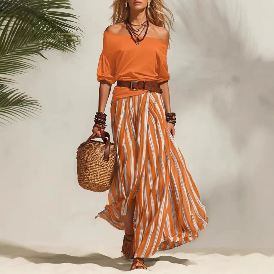 Women's 2-Piece Boho Set – Off-Shoulder Puff Sleeve Top & Vertical Stripe Flowy Maxi Skirt | Casual Vacation Outfit
