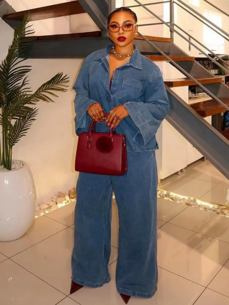 Women's Vintage Denim Shirt and Straight-Leg Jeans Set