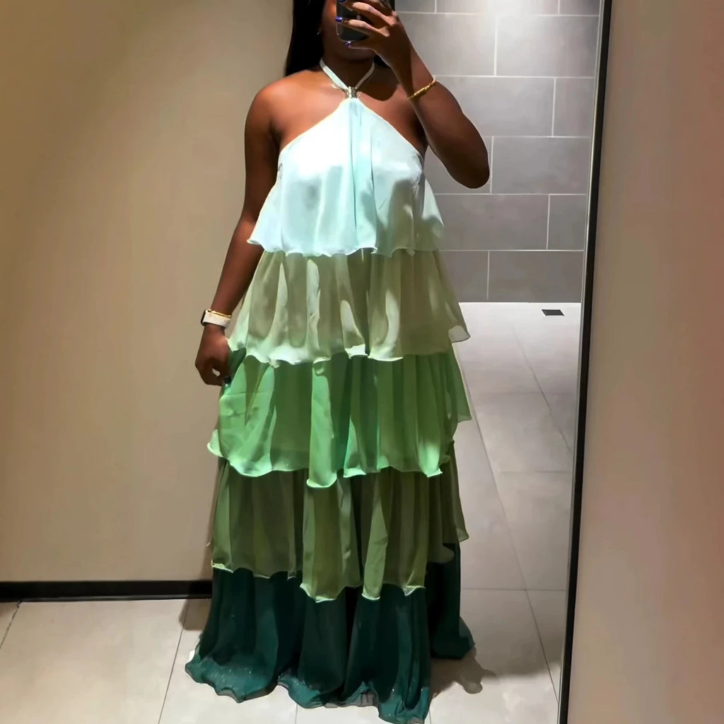 Y2K Sleeveless Halter Cake Dress – A-Line Midi Party Dress