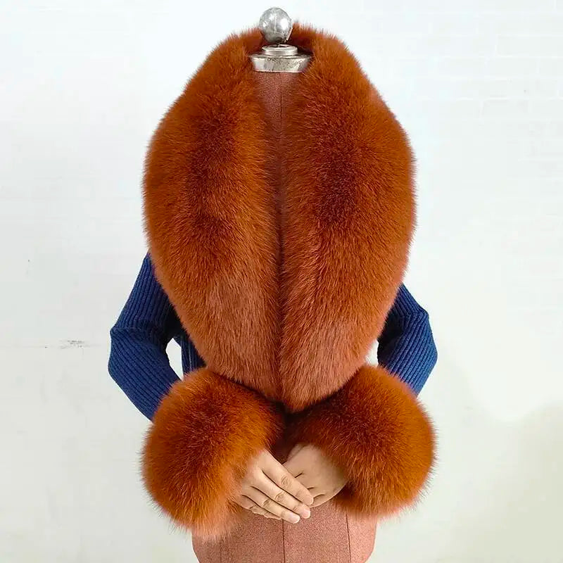 Women's Real Fur Collar and Cuffs Set, Fluffy Winter Scarf