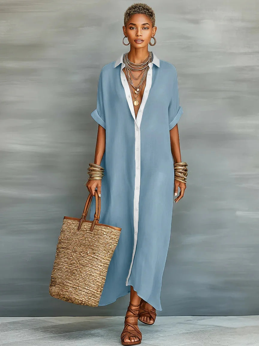 Patchwork Button Shirt Midi Dress – Short Sleeve Loose Beach Vacation Dress