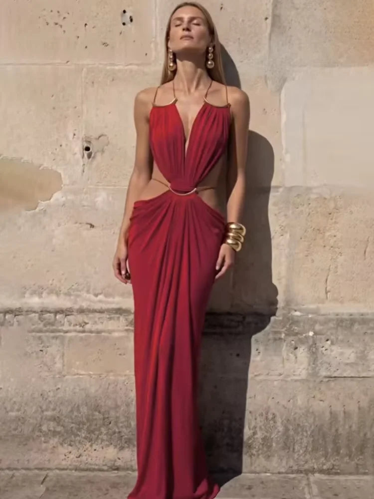 Deep V Cutout Ruched Maxi Gown – Spaghetti Strap Sleeveless Evening Dress