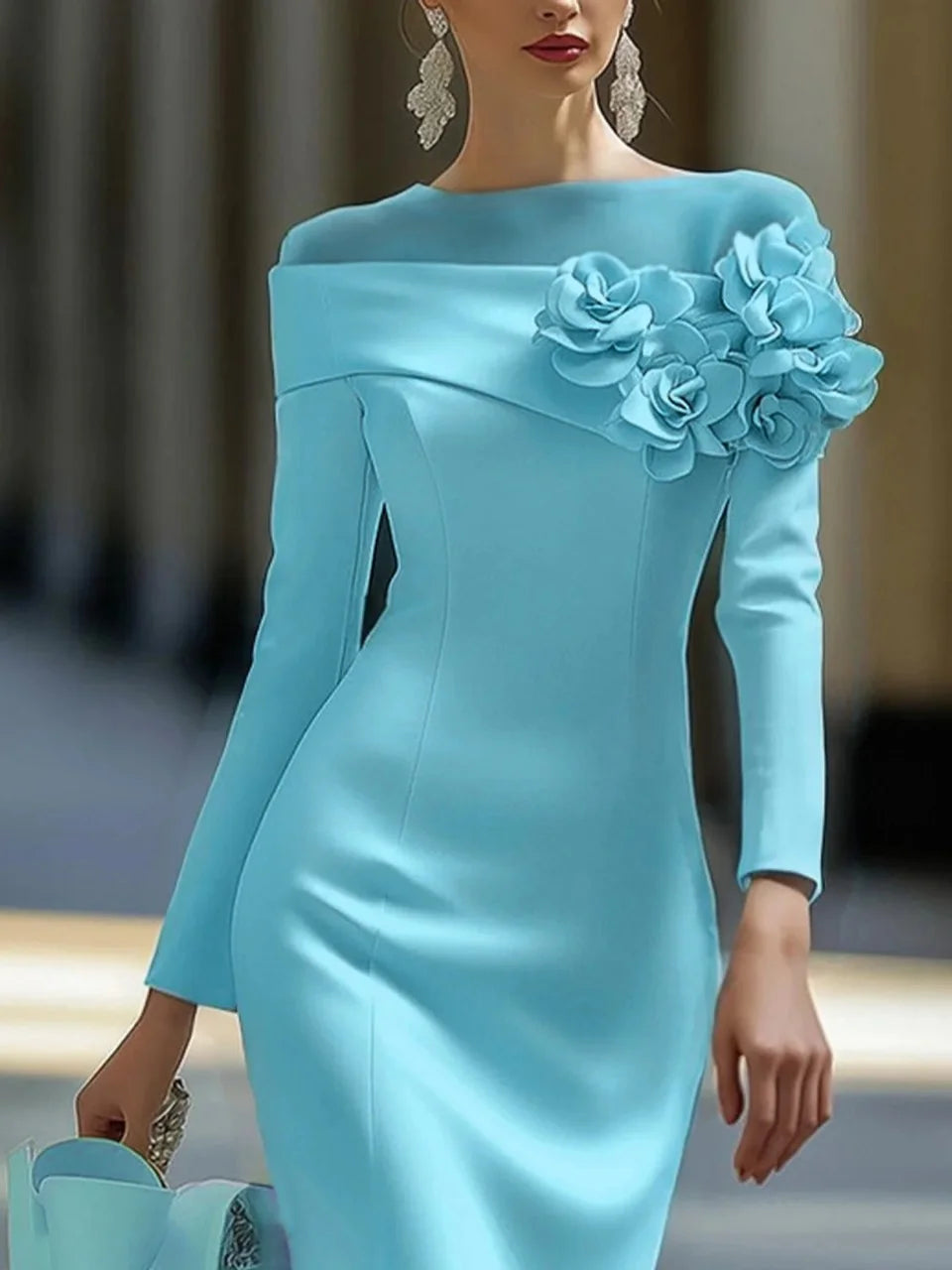 Women's 3D Floral Bodycon Knee Dress – Long Sleeve Formal Evening Dress