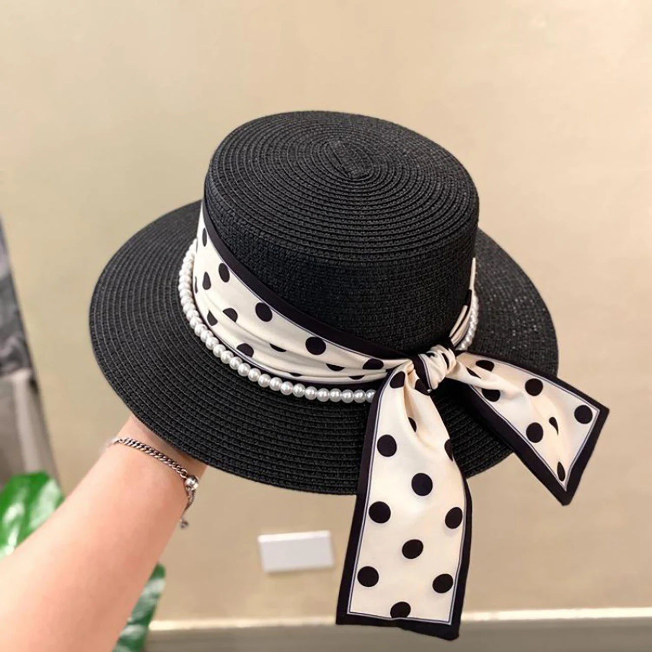 Women’s Wide Brim Straw Sun Hat – Pearl & Dot Ribbon Elegant Beach Cap