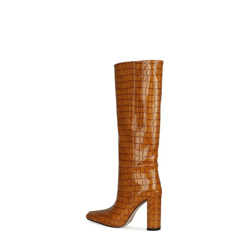 Women's Patent Leather Knee-High Boots – Thick Square Heel Slip-On Winter Boots in 21 Colours