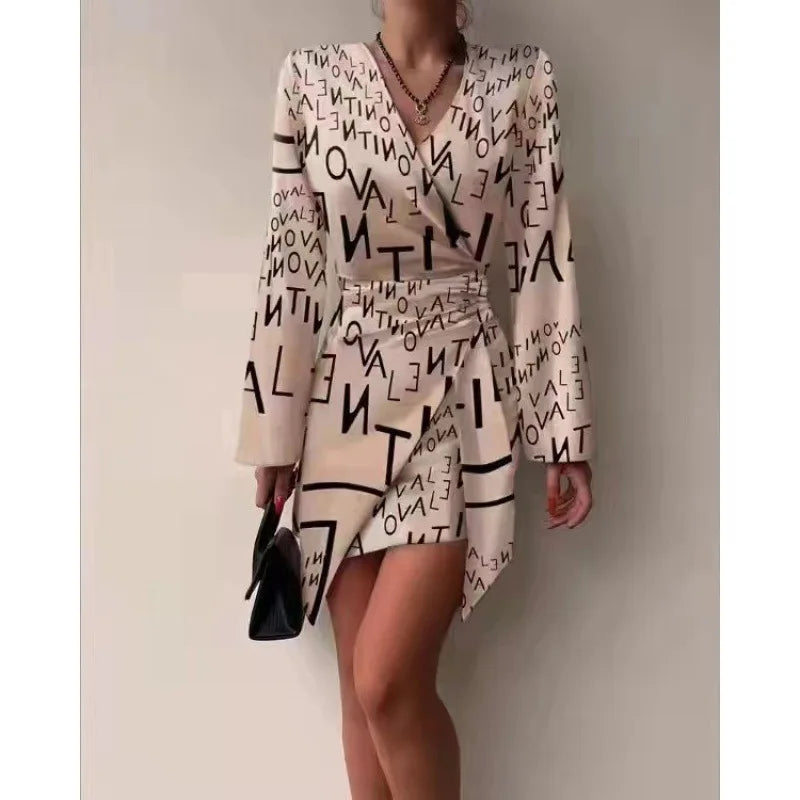 Long Sleeved Fashionable Printed Pleated Dress Sexy V-neck Irregular Casual Short Dress