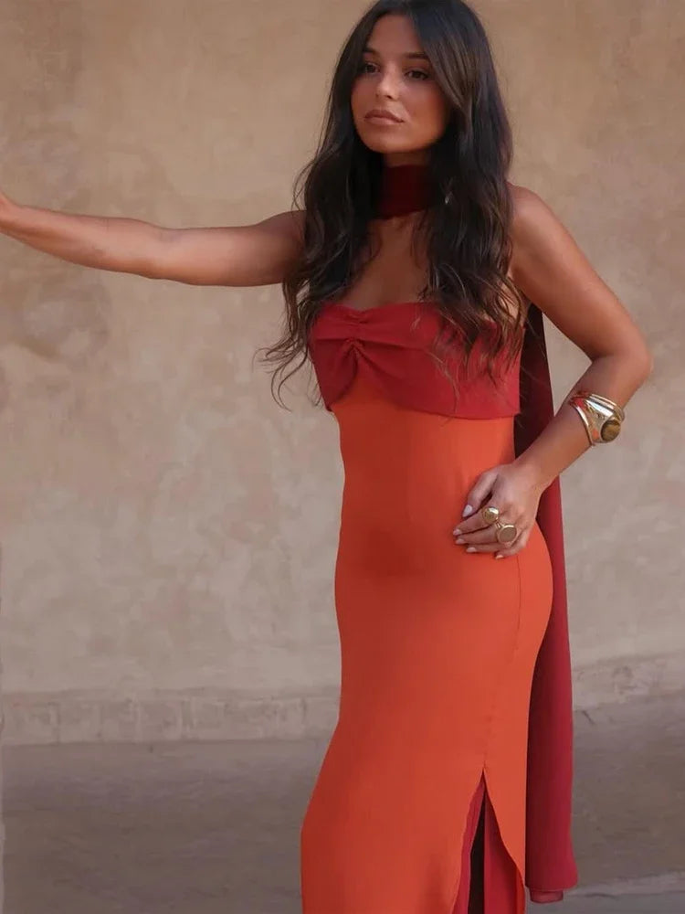 Blocking Scarf Collar Sling Dress Sexy Split Waist Cinching Bodycon Maxi Gowns LADYLYS