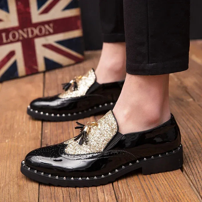 Men's Sequin Loafers in Black & Black Gold