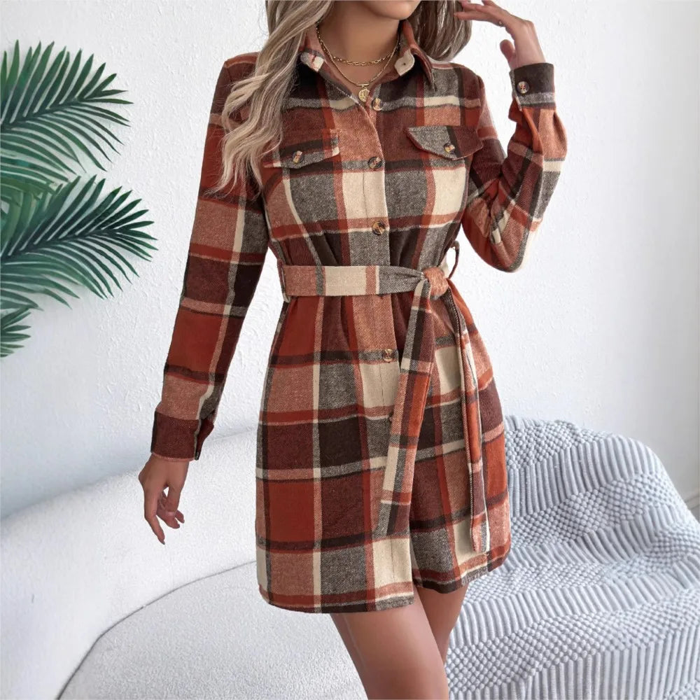 Women's Plaid Shirt Dress – Long Sleeve Belted A-Line Knee-Length Dress | Retro Casual Style