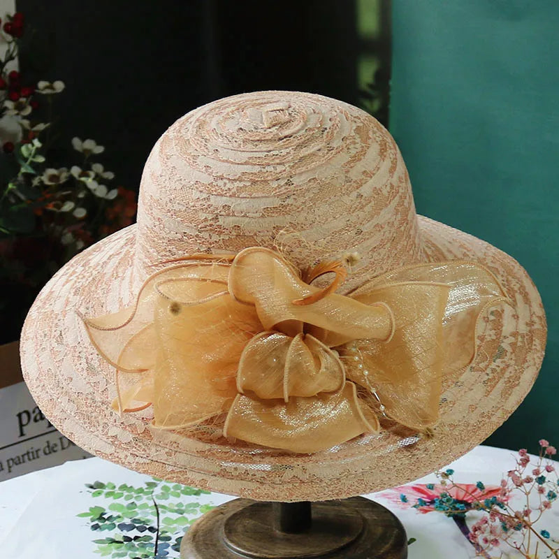 Elegant mesh pearl flower sun hat, foldable LADYLYS