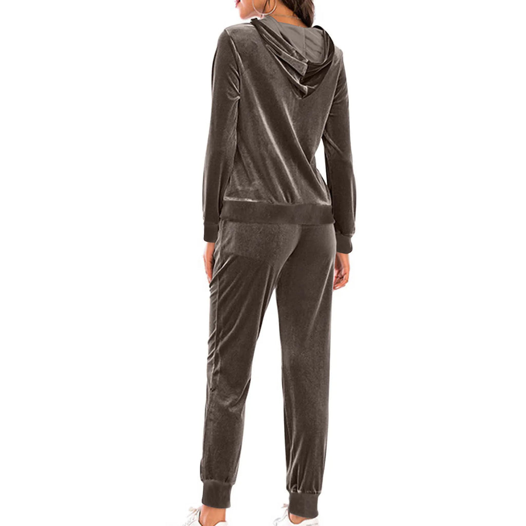 Women's Velvet Tracksuit 2-Piece Set – Full-Zip Hoodie & Jogger Sweatpants with Pockets