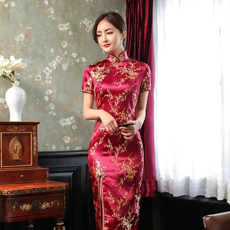 Printed Short-Sleeve Qipao-Inspired Midi Dress