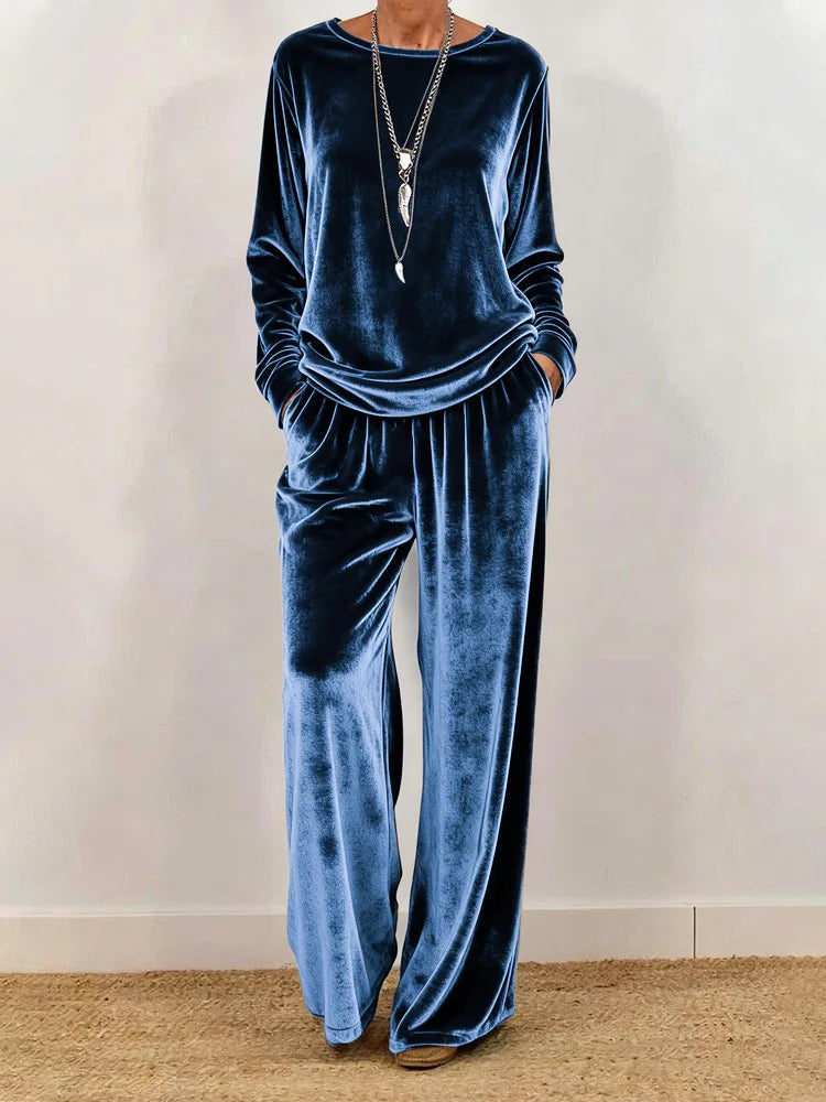 Women's Velvet O-Neck Top & Wide Leg Pants Set — Solid Color 2-Piece Outfit