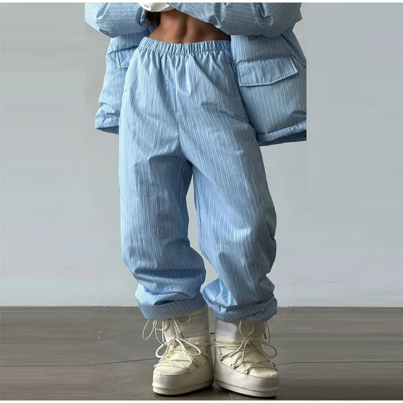 Women's Striped 2-Piece Set – Zip-Up Hooded Puffer Coat & Wide-Leg Jogger Pants | Warm Winter Suit