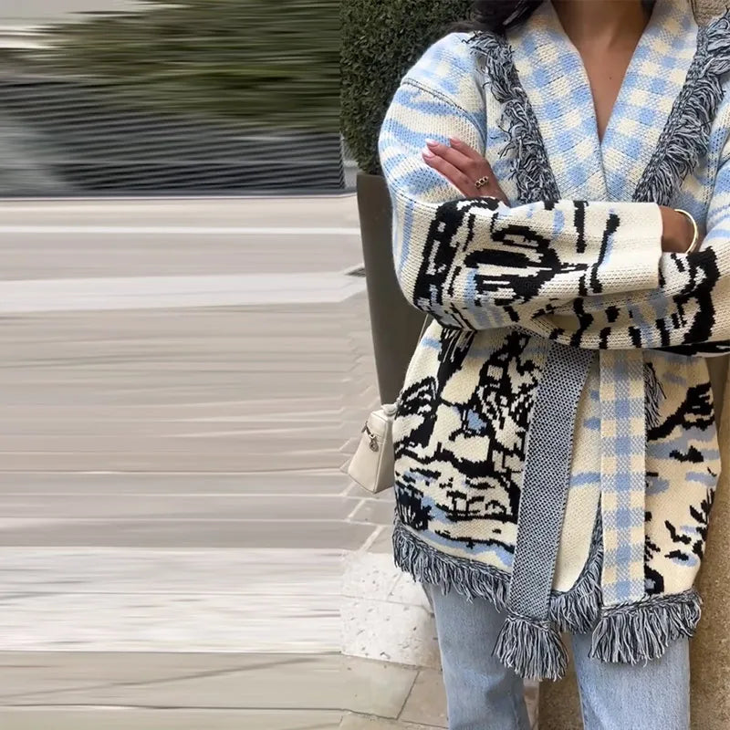 Women's Jacquard Knit Wrap Cardigan with Belt and Fringe Trim