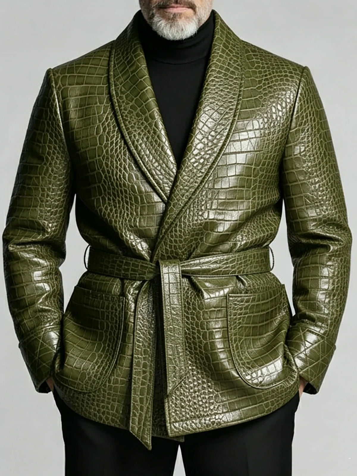 Men's Crocodile-Embossed PU Leather Blazer – Shawl Lapel, Belted, Slim Fit