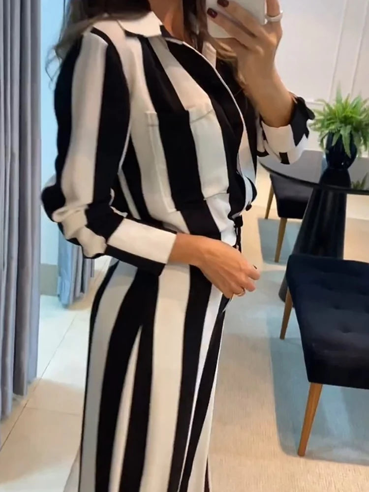 Women's Striped Wide Leg Pants Suit – Matching 2-Piece Set, Elegant Office Wear
