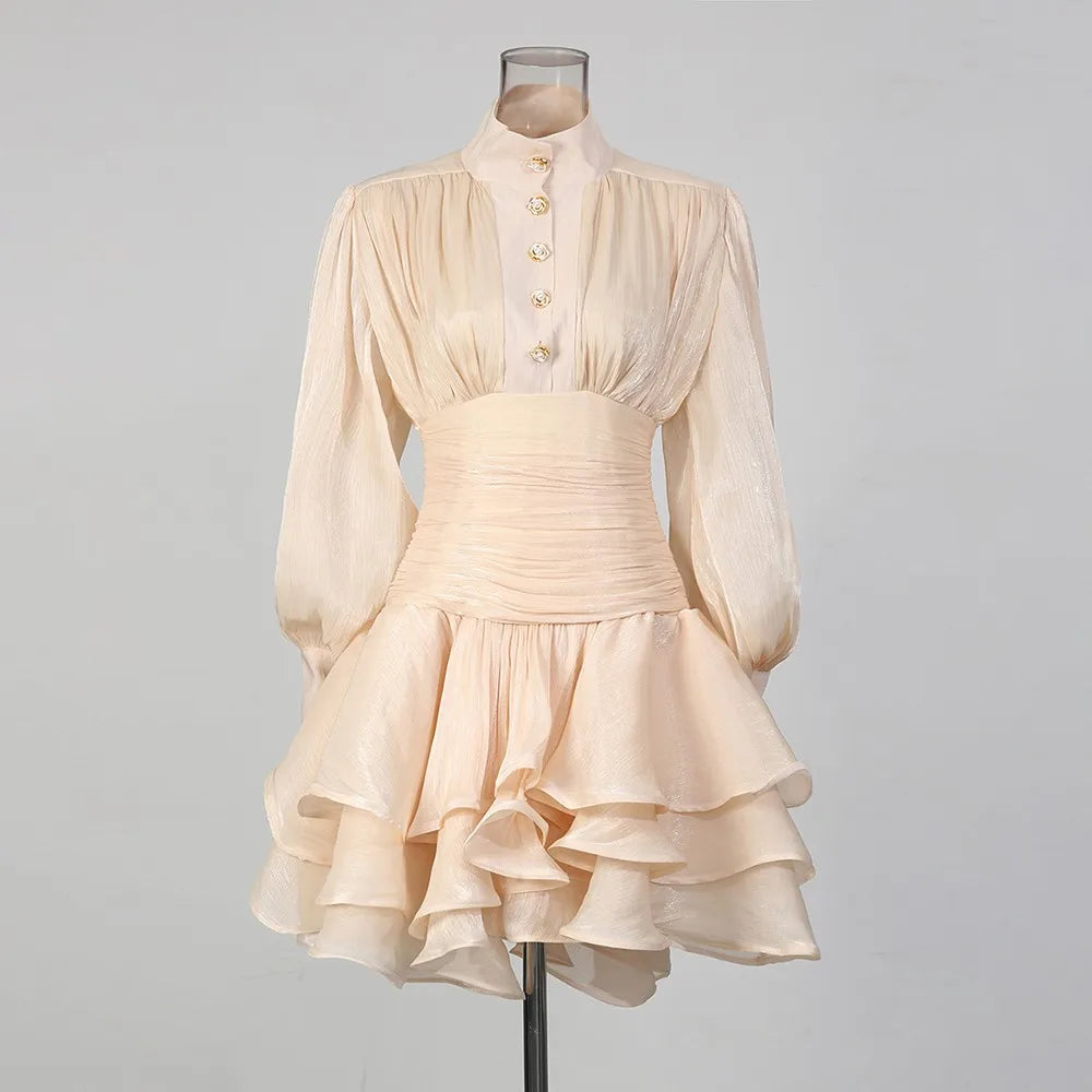 Solid Spliced Ruffles Dress Female Stand Collar Long Sleeve Loose French Elegant LADYLYS