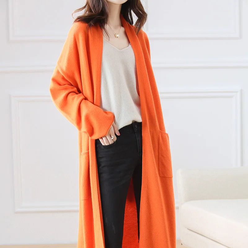 Women's Long Wool V-Neck Cardigan, Loose Fit
