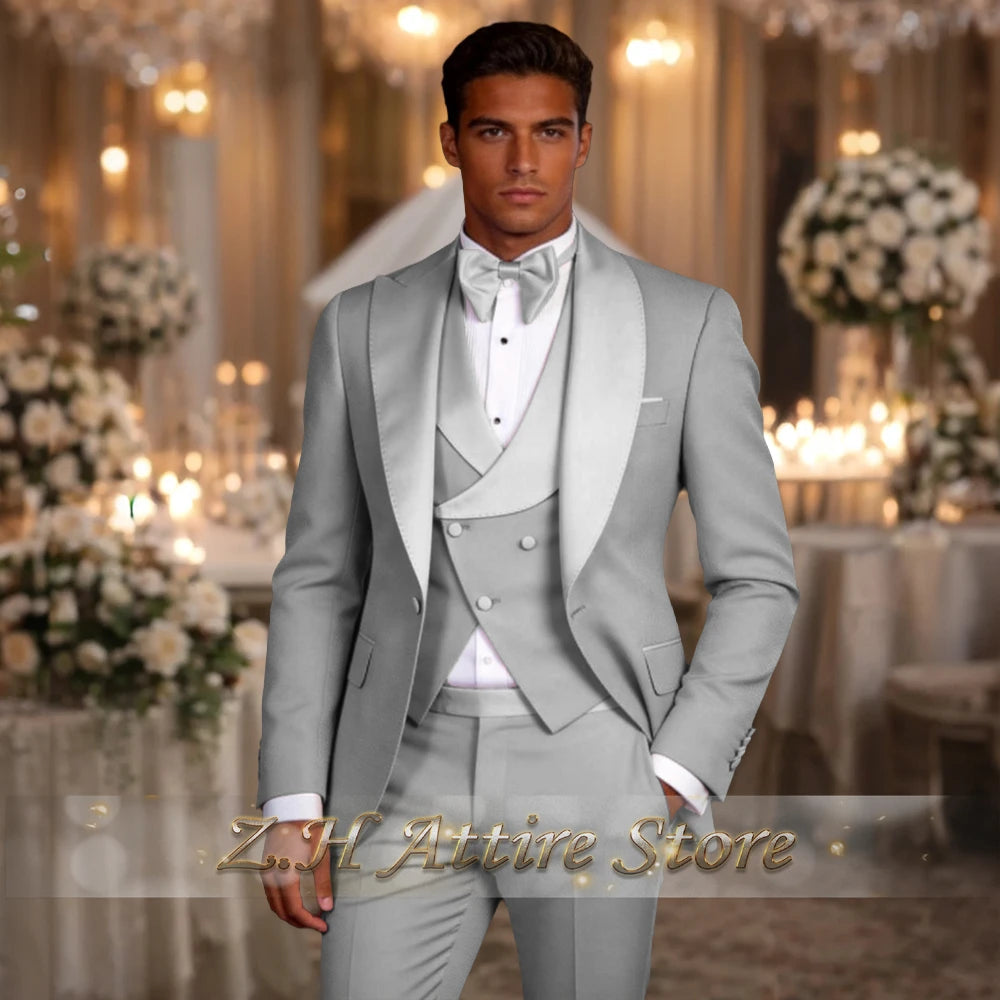 Elegant men's 3pcs suit spliced satin lapel jacket vest pants LADYLYS