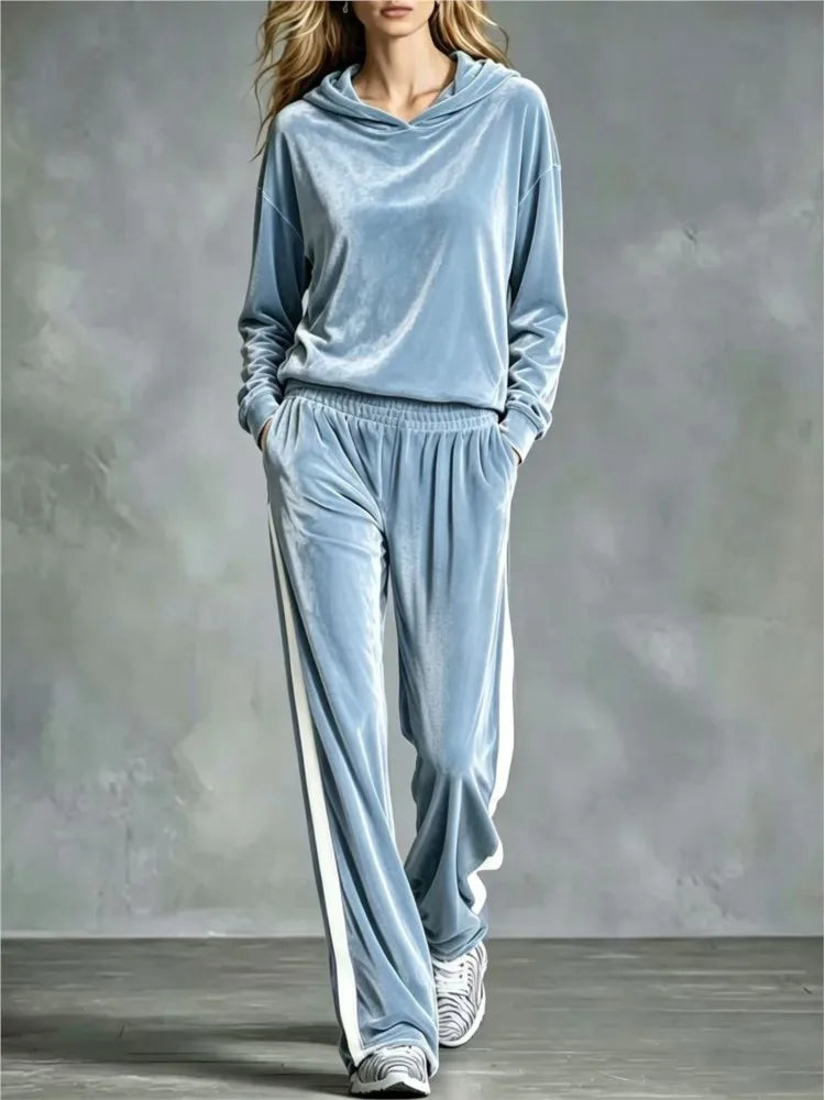 Women's 2-Piece Hooded Sweatshirt & Trouser Set – Patchwork, Casual Loose Fit