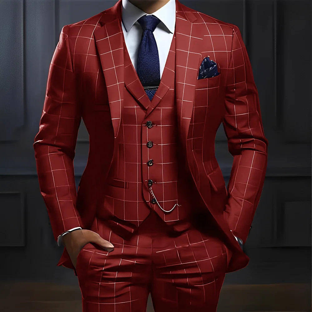 Men’s Plaid Three-Piece Suit for Weddings and Business