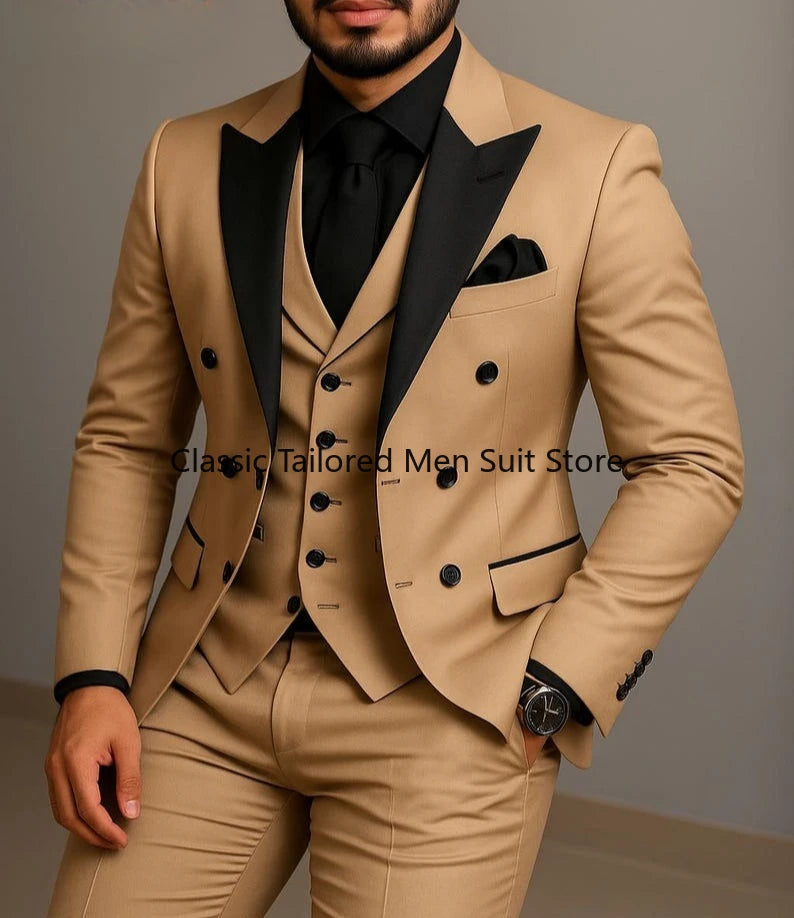 Beige Double Breasted Black Lapel  Slim Fit Wedding Suit LADYLYS