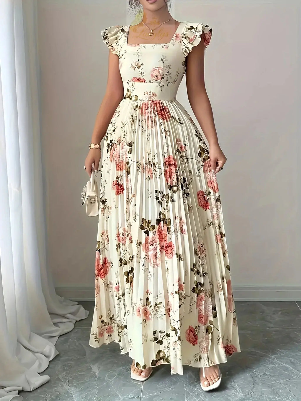 Elegant Beige Floral Pleated Midi Dress with Ruffle LADYLYS