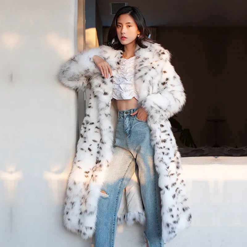 Women's Long Leopard-Print Fur-Look Winter Coat