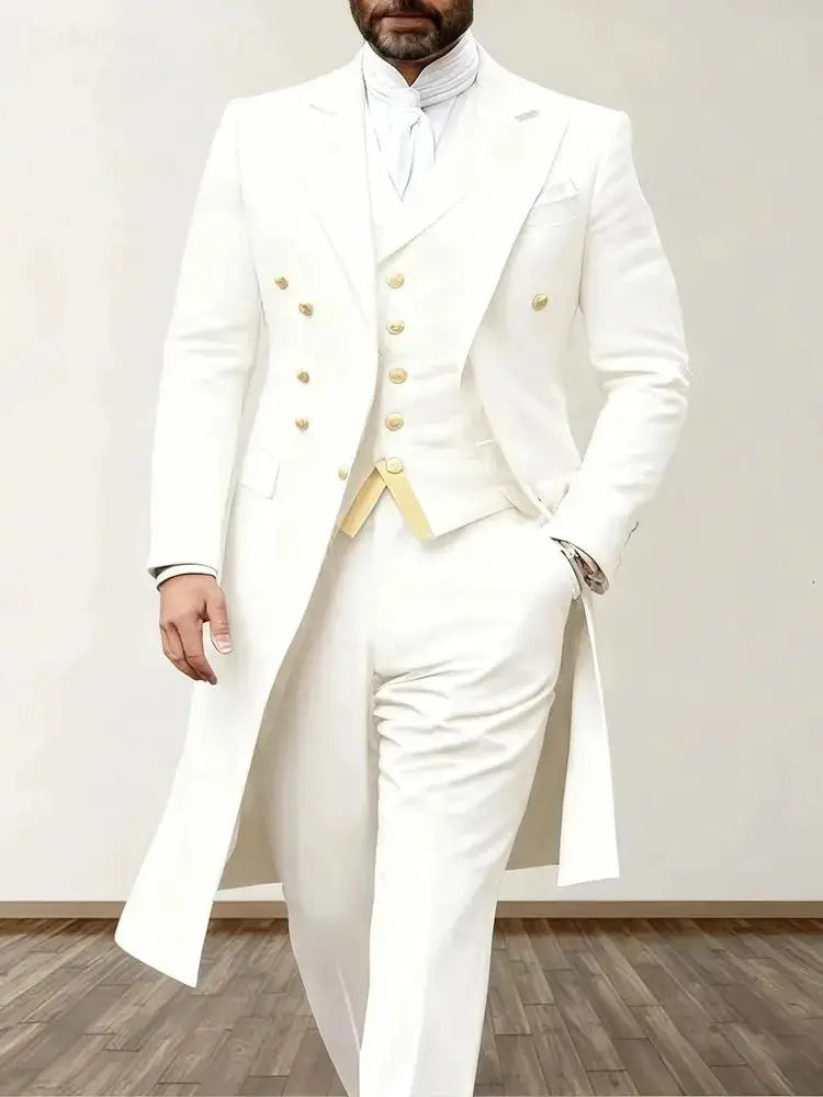 Men Suits 3 Piece Long Blazer Vest Pants Satin One Button Tuxedo LADYLYS