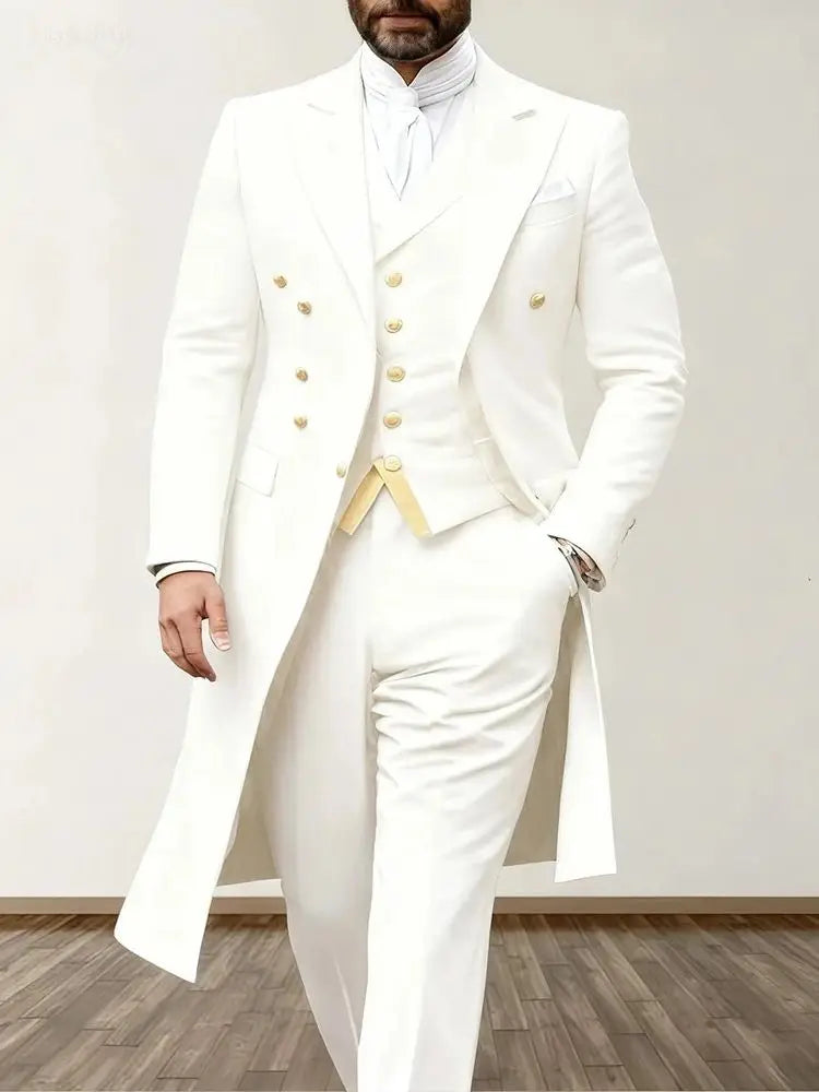 Men Suits 3 Piece Long Blazer Vest Pants Satin One Button Tuxedo LADYLYS