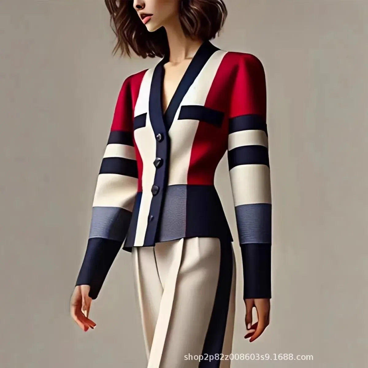 Women's Red Colour-Block Blazer & Trousers Set