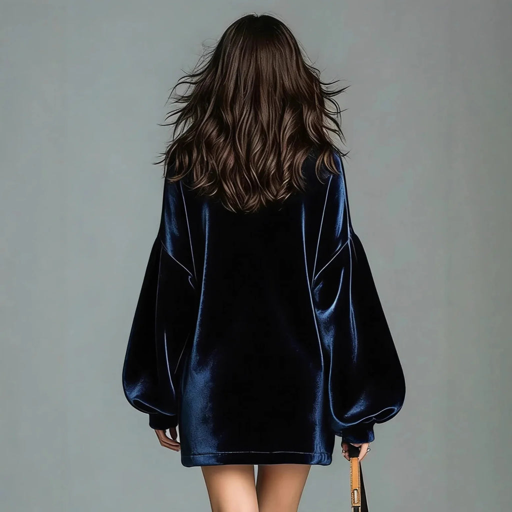Women's Royal Blue Velvet Turtleneck Mini Dress