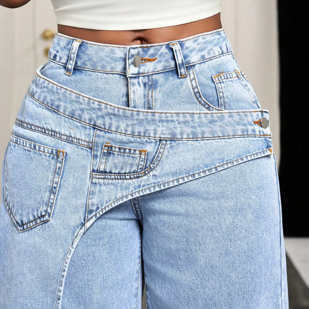 Women's Vintage Straight-Leg Jeans – High Waist, Splice Detail, Y2K Streetwear