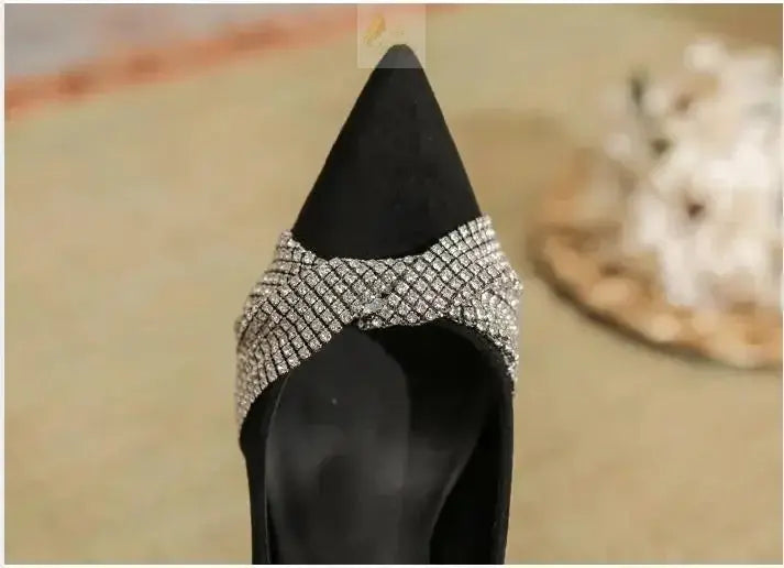 Chunky Heel Pointed Toe Black Rhinestone High Heel Women's Work Shoes Plus Size Pumps LADYLYS