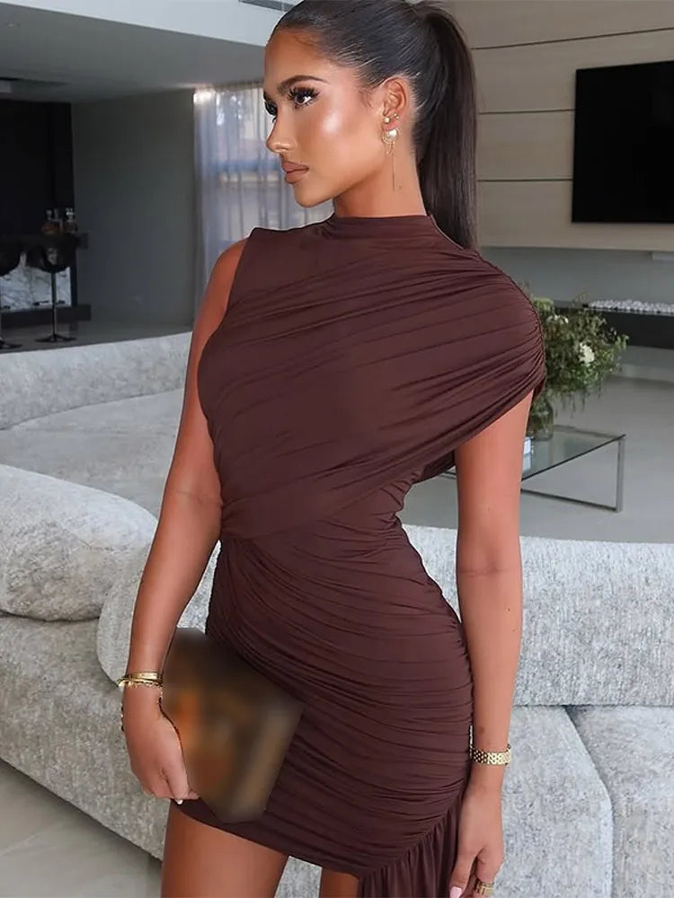 Irregular Shawl Blue Maxi Dress Women's Fashion Turtleneck Slim Fit Pleated LADYLYS