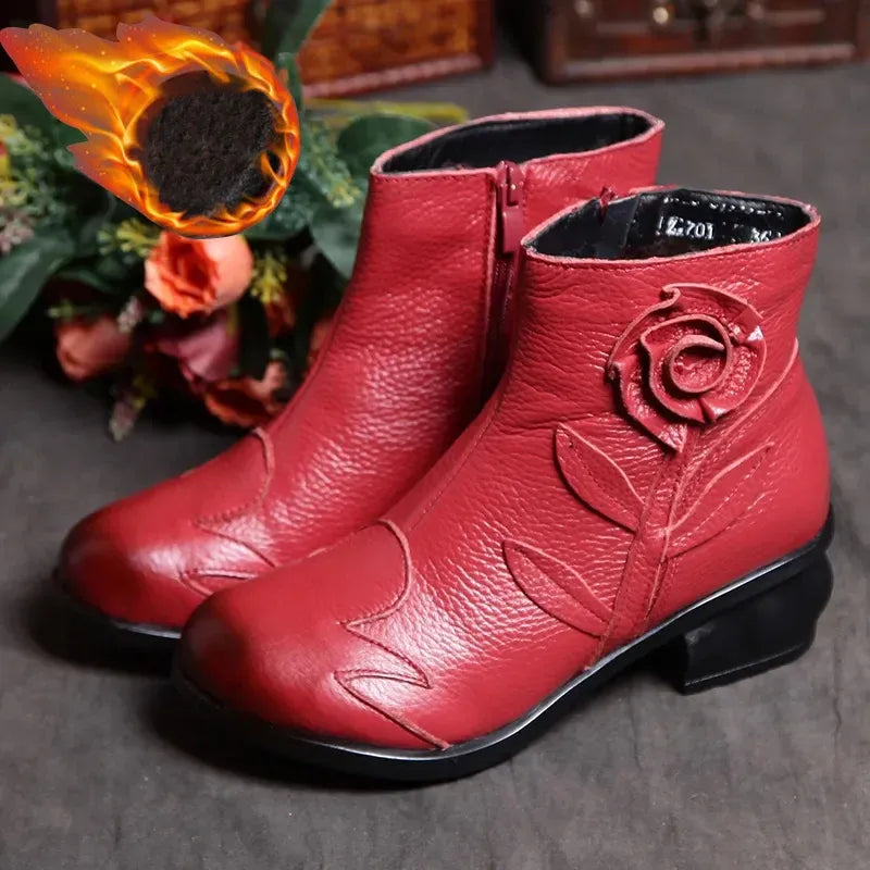 Women's Leather Ankle Boots with Low Heel and Zip