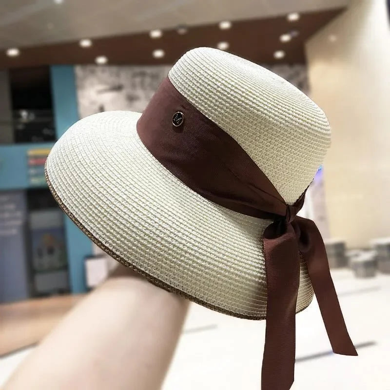 French Retro Straw Sun Hat with Bow Detail - Hepburn Style Elegant Wide Brim LADYLYS