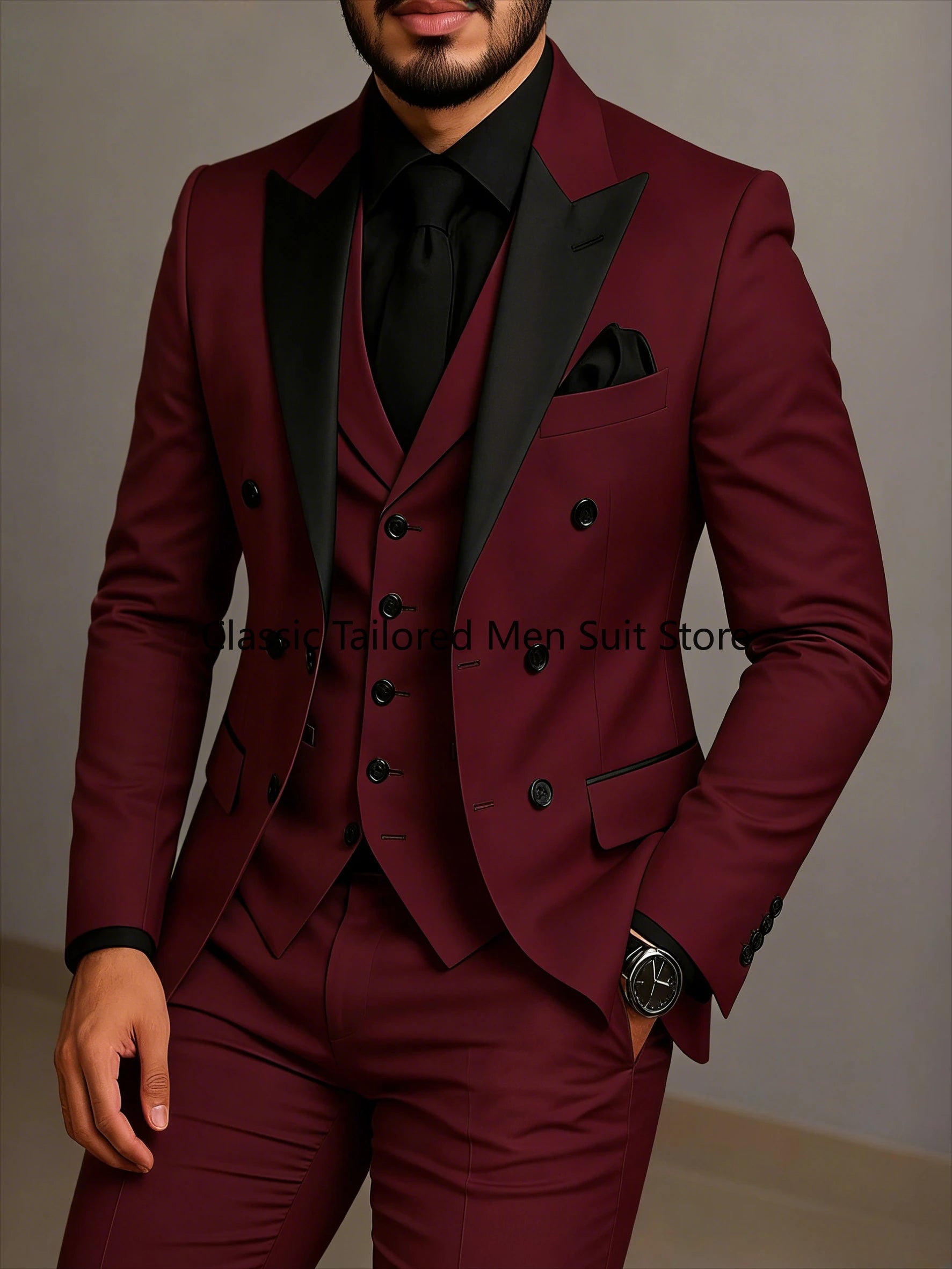 Beige Double Breasted Black Lapel  Slim Fit Wedding Suit LADYLYS