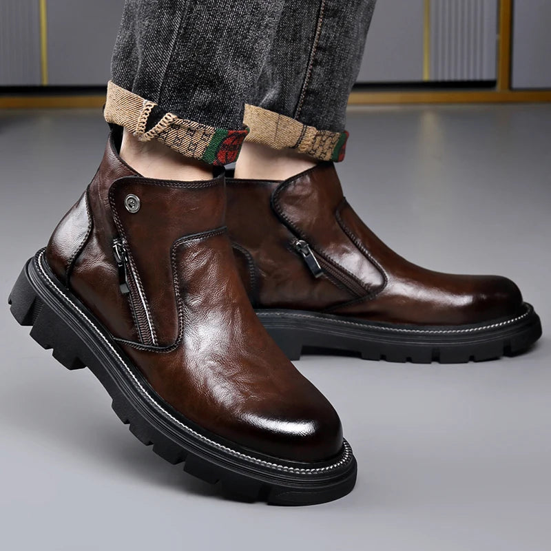 Men's Genuine Leather Zip-Up Ankle Boots – British Retro High-Top Non-Slip Booties