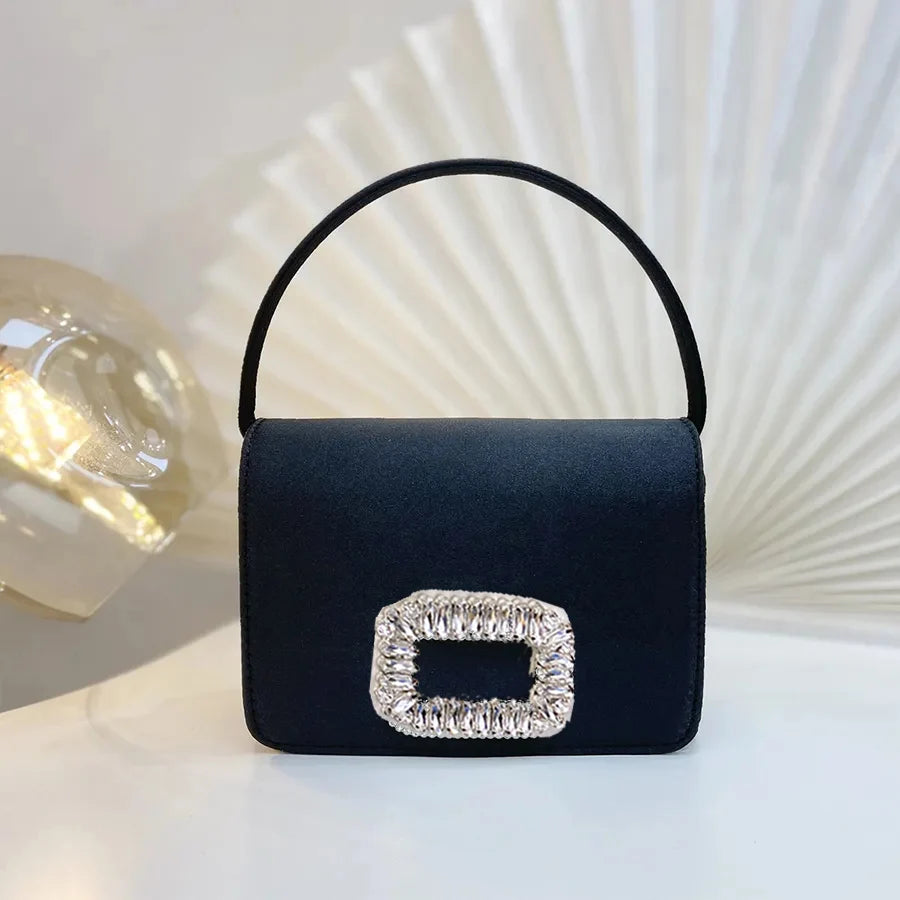 Luxury Diamond Square Button Evening small Bag Clutch Purses Satin Rhinestone LADYLYS